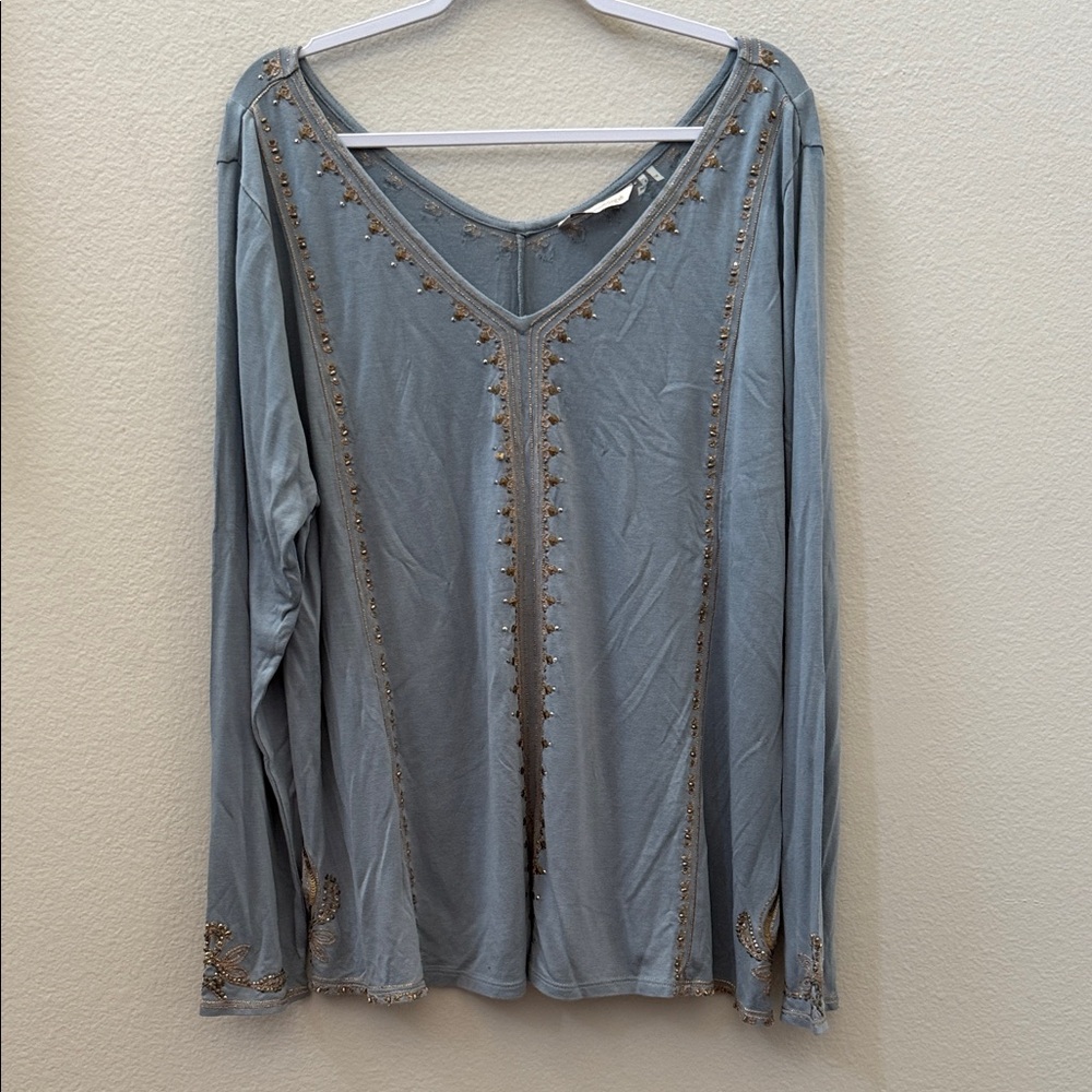 Soft Surroundings Blue Embellished V-Neck Blouse